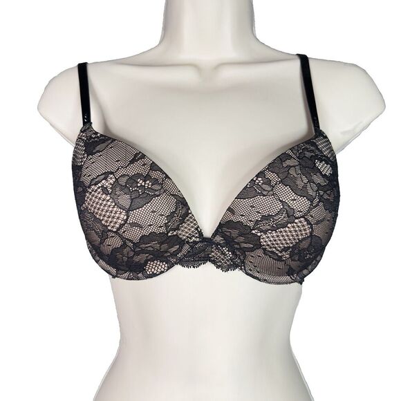 Victoria's Secret Bra Womens Biofit Demi Uplift Nude‎ with Black Lace 36c Straps - Picture 1 of 9
